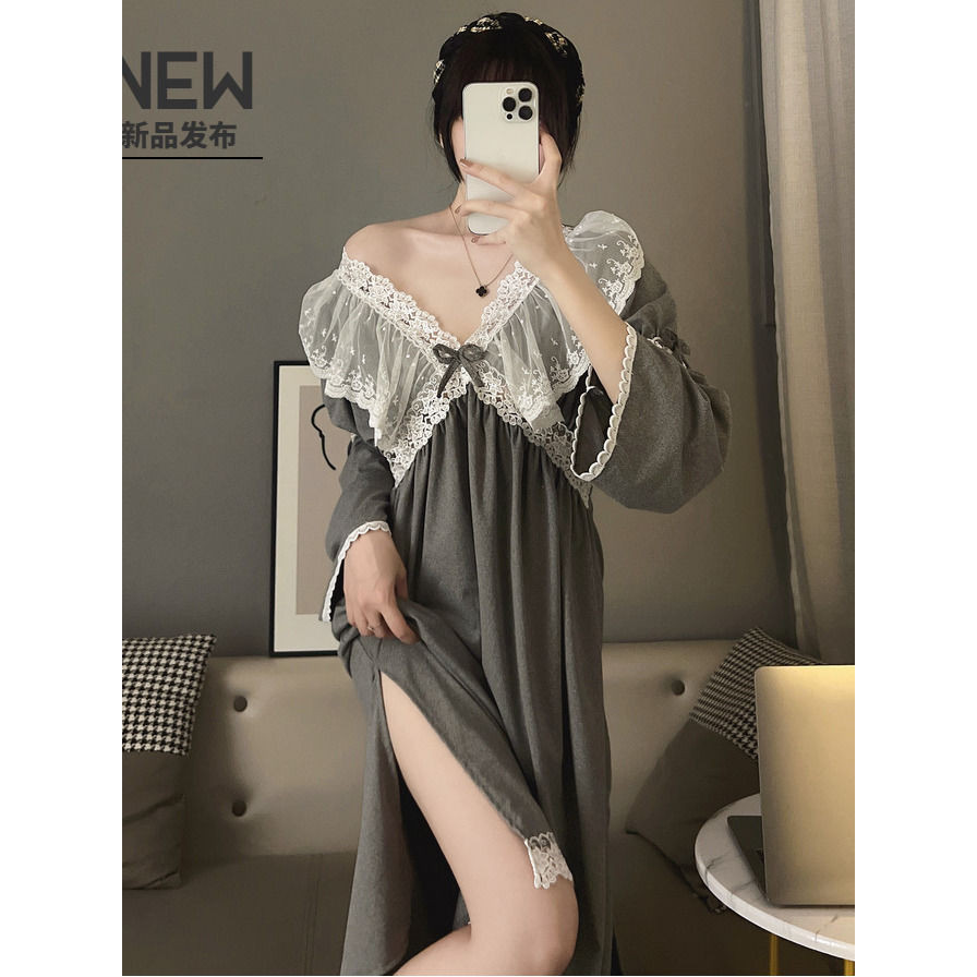 2025 French Palace ชุดนอนขยายฤดูใบไม้ผลิฤดูใบไม้ร่วงลูกไม้ V คอสีทึบขนาดใหญ่ชุดนอนชุด Homewear 6NU3