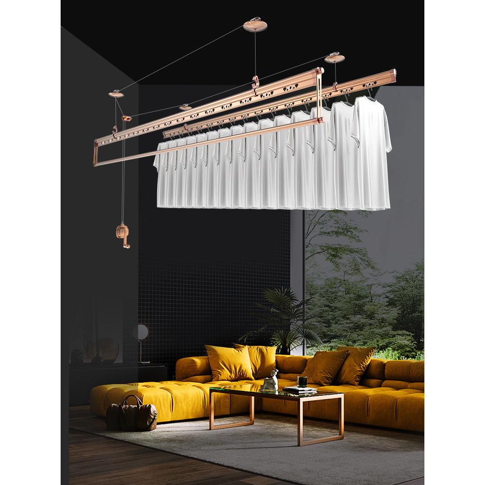 Yihang ยกราวตากผ้า Hand-Cranked Double-Rod ชั้นวางทําความเย็นในร่มในครัวเรือนคู่มือราวตากผ้าระเบียงพ