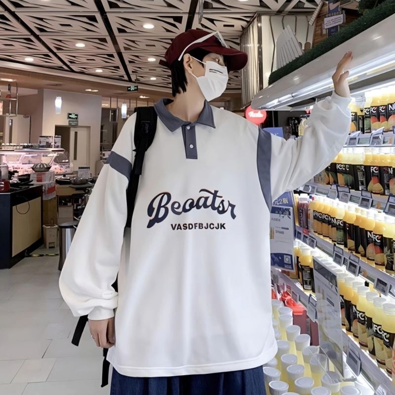 ( S - 6XL ) - เสื้อสเวตเตอร์คอปกโปโลขนาดใหญ่ ( S - 6XL ) GOOD VIBES BEOOTR Crewnecker Mix Two Tone C