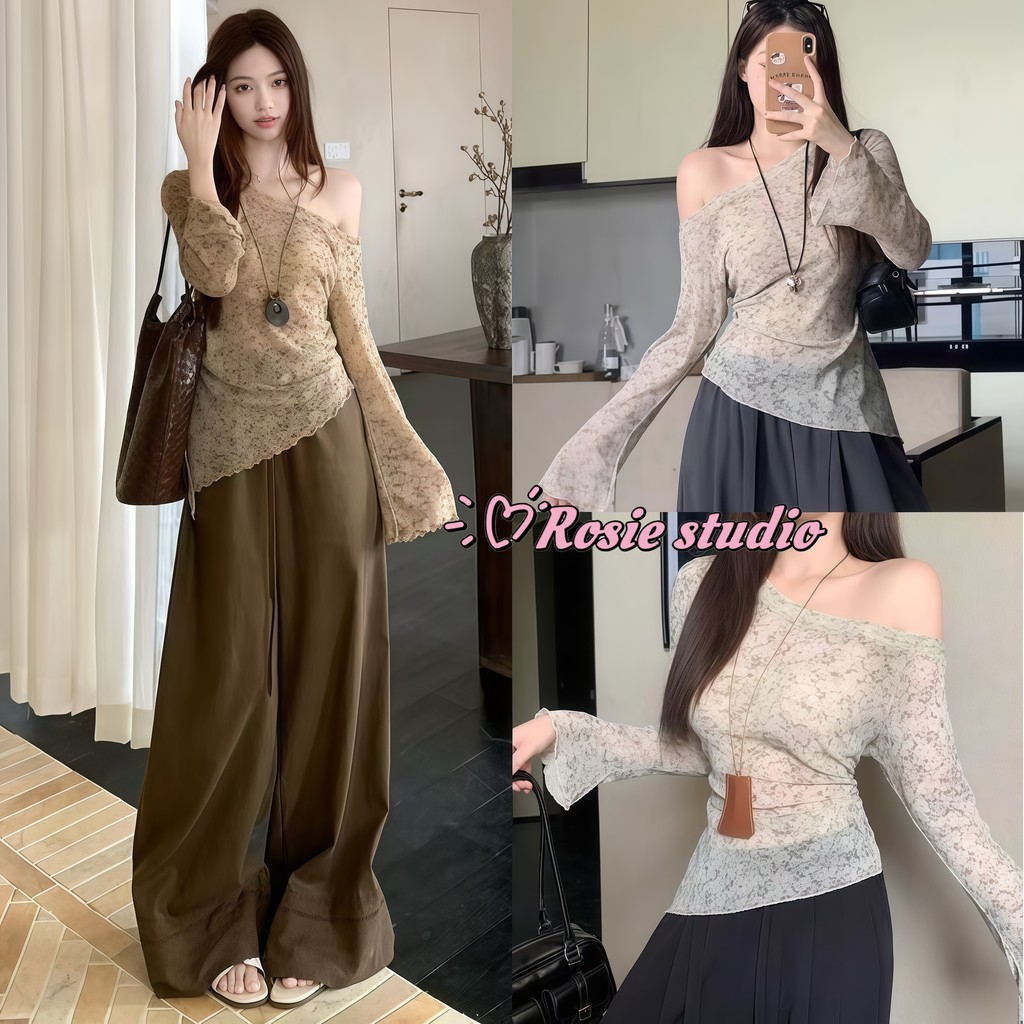 Rosie🥨พร้อมส่ง🍔เสื้อยืดผู้หญิง เสื้อปาดไหล่แขนยาว สีมัดยอม  ดีไซน์ปายเสื้อเฉียง เสื้อครอปรัดรูป แฟชั่นเกาหลีสไตล์ลำลอง