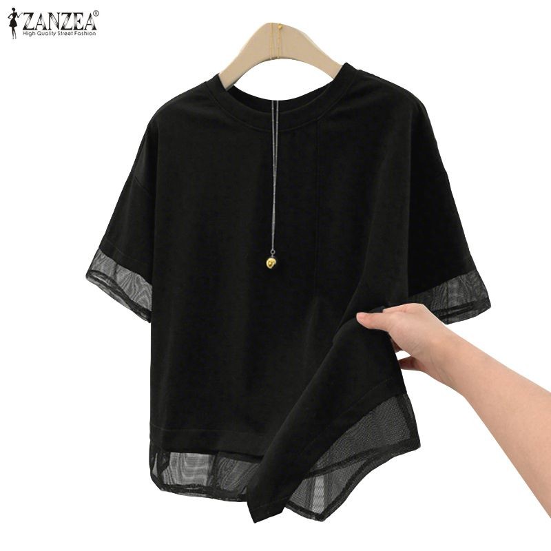ZANZEA เสื้อลูกไม้สำหรับผู้หญิง สไตล์เกาหลี รอบคอกลมและแขนกลาง ดีไซน์พิเศษ – โปรปัง