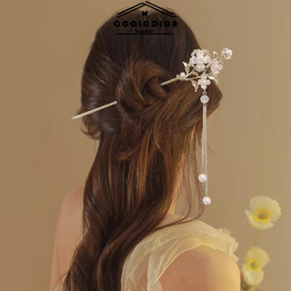 ในไทย❤️ปิ่นปักผมลายดอกไม้จี้ประดับพู่มุกสไตล์จีนระดับไฮเอนด์…