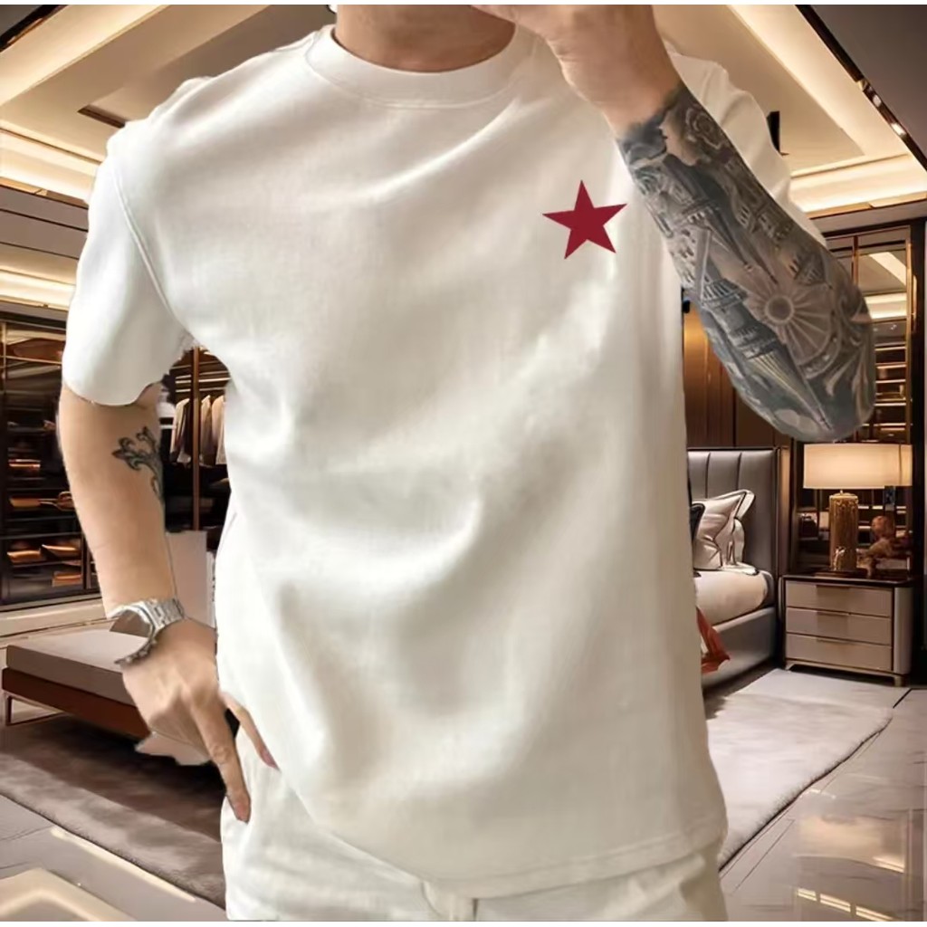 ใหม่ ใหม่หล่อรอบคอใหม่ High-End เสื้อยืดผู้ชายที่ไม่ซ้ํากันผู้ชายสบายๆ 23 เสื้อยืด All-Match ครึ่งแข