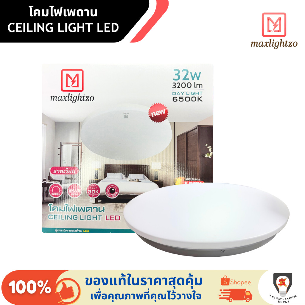 Maxlightzo โคมซาลาเปา โคมไฟเพดาน LED ขนาด 32W แสงขาว (Daylight) 6500K, 3200 lumen สว่างจัด ประหยัดไฟ