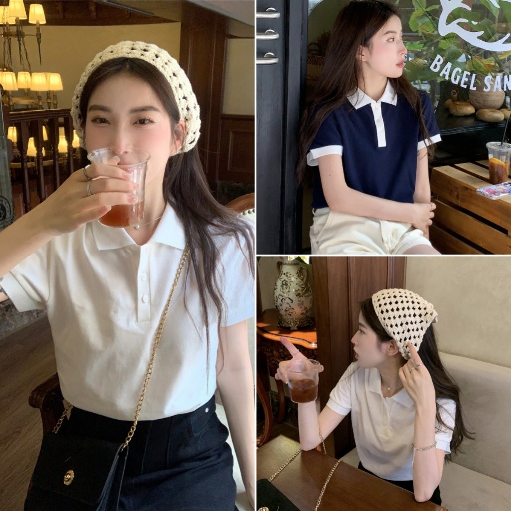 Bella shop เสื้อโปโล เสื้อยืดสีขาวผู้หญิง แขนสั้นคอกลม ทรงเข้ารูป  สไตล์เกาหลีเรียบง่าย น่ารักจัง