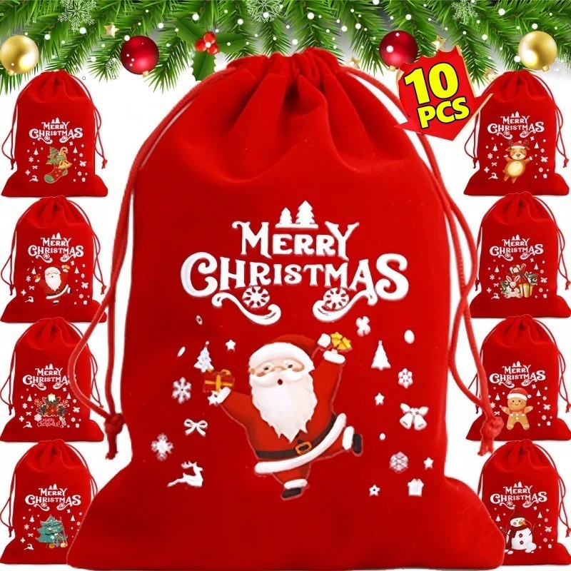 กระเป๋าหูรูดคริสต์มาสกํามะหยี่สีแดง - ถุงห่อของขวัญขนมซานตาสโนว์แมน - ถุงเก็บปาร์ตี้ปีใหม่ 3/5/10 ชิ้น