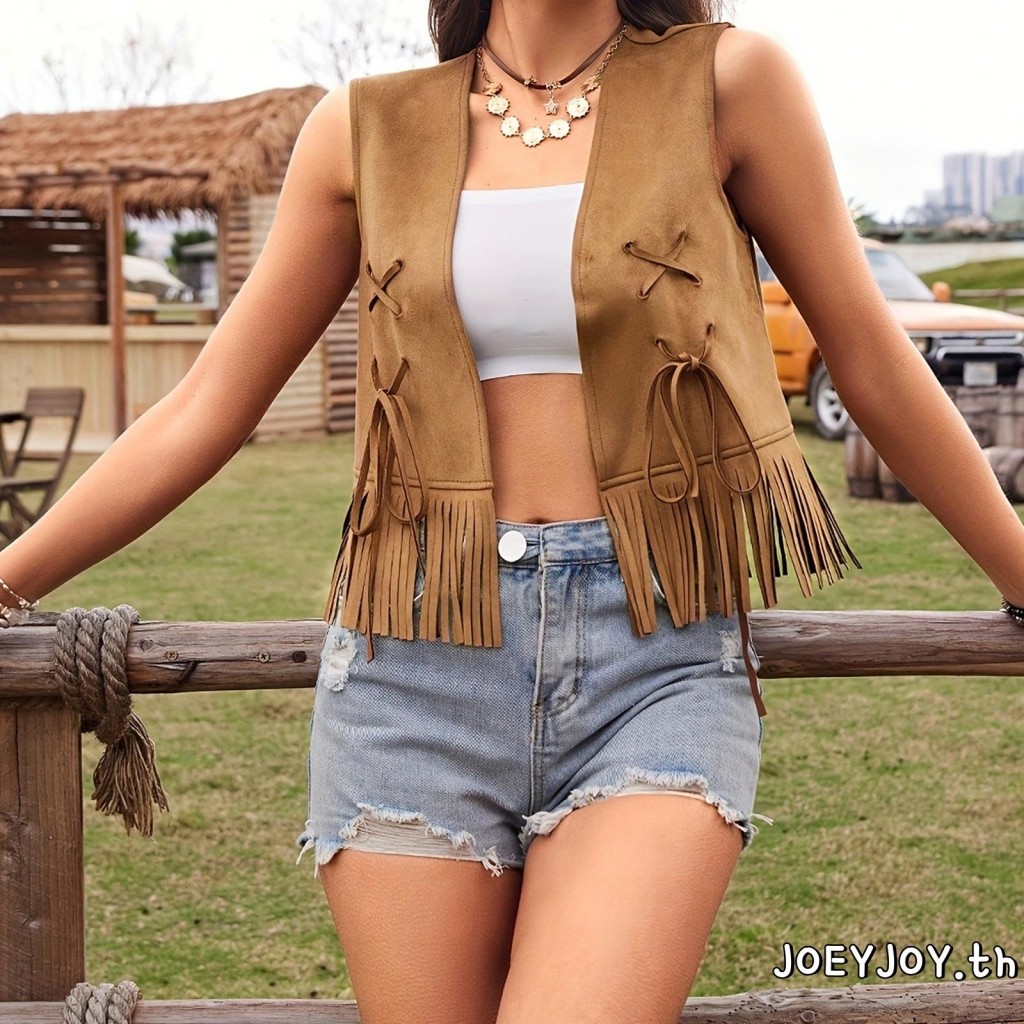 เสื้อกั๊กผู้หญิงแขนกุด เปิดด้านหน้า มีพู่แข็งทนทาน สวมใส่ง่าย