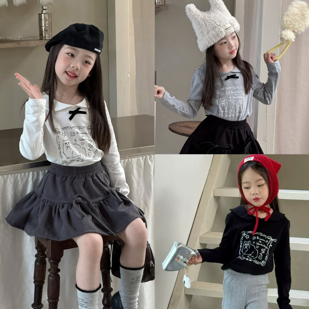 PRETTY BABY เสื้อเเขนยาวเด็กผู้หญิง เสื้อคอบัว เเต่งโบว์ ลายการ์ตูน (1793)