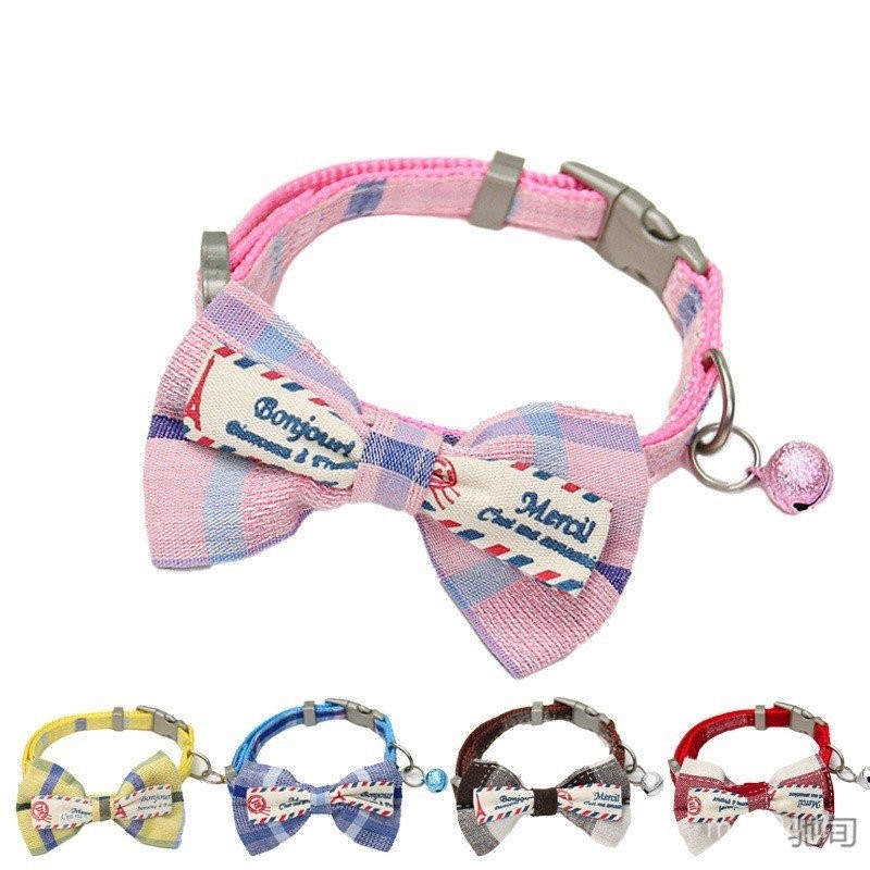สัตว์เลี้ยงแมวระฆังสุนัขโบว์เครื่องประดับสีเหลืองสร้อยคอปลอกคอสีชมพูปกแมวน่ารักลายสก๊อตสีแดง 1HSC