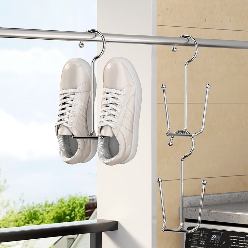 COD ราวตากรองเท้า ชั้นวางรองเท้าสแตนเลสบ้านระเบียงรองเท้าราวตากผ้ารองเท้าอบแห้ง กันลม แขวนชั้นวางรองเท้าตะขอเสาเดี