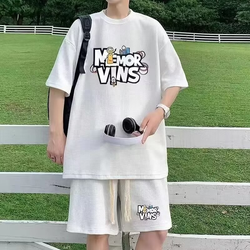 2025 NEW 2025 Waffle Set Men's Summer Trendy Loose Plus Size Short Sleeve T-Shirt Vest Shorts Casual