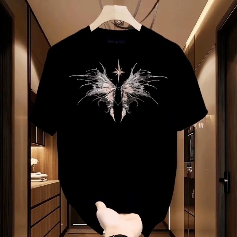 2025 NEW 2025 High-End Black Butterfly Print Men's Short Sleeve T-Shirt Summer New 2025 Versatile Li
