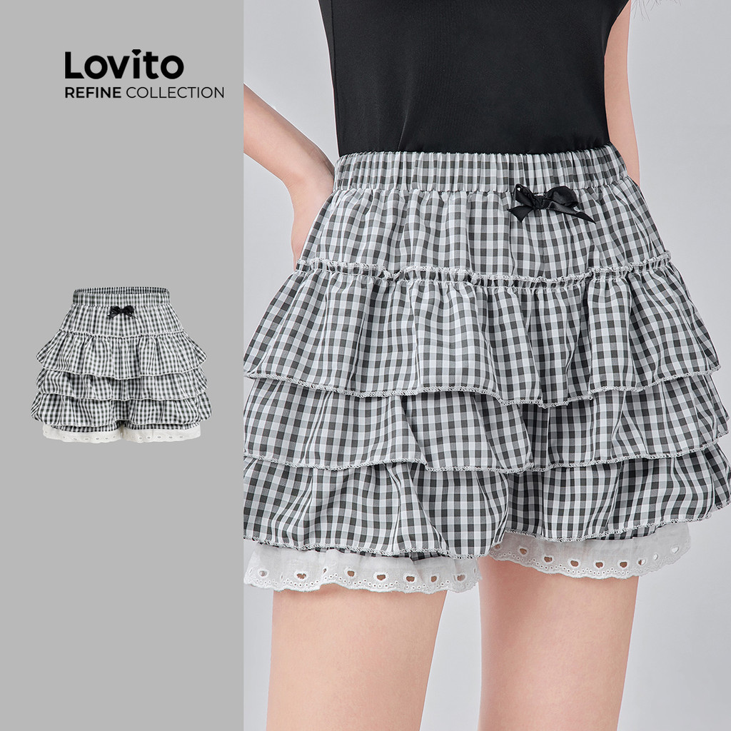 (New) (Lovito Refine) กางเกงขาสั้นน่ารัก เว้าสองชั้น ลายลูกไม้ ซีซั่นฤดูใบไม้ผลิ/ฤดูร้อน สีดำขาว LR18E116