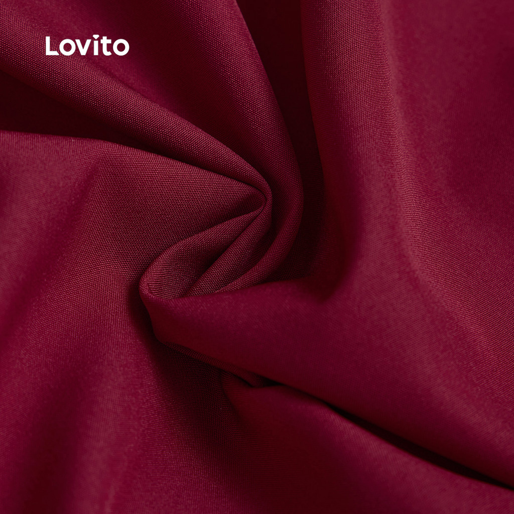 Lovito ชุดเดรสสองชั้นผู้หญิง สีพื้น เรียบหรู พร้อมสายคาดเอว สีไวน์แดง สําหรับฤดูใบไม้ผลิ/ฤดูร้อน L155ED434 - รูปที่ 3