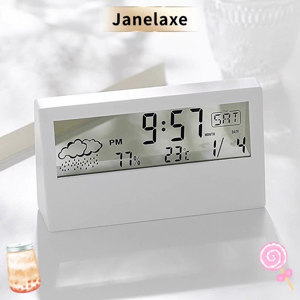 JANELAXE เครื่องวัดความชื้นและอุณหภูมิ จอแสดงผล LED มีฟังก์ชันนาฬิกาปลุก พยากรณ์อากาศ ใช้งานภายในบ้านได้อย่างดี