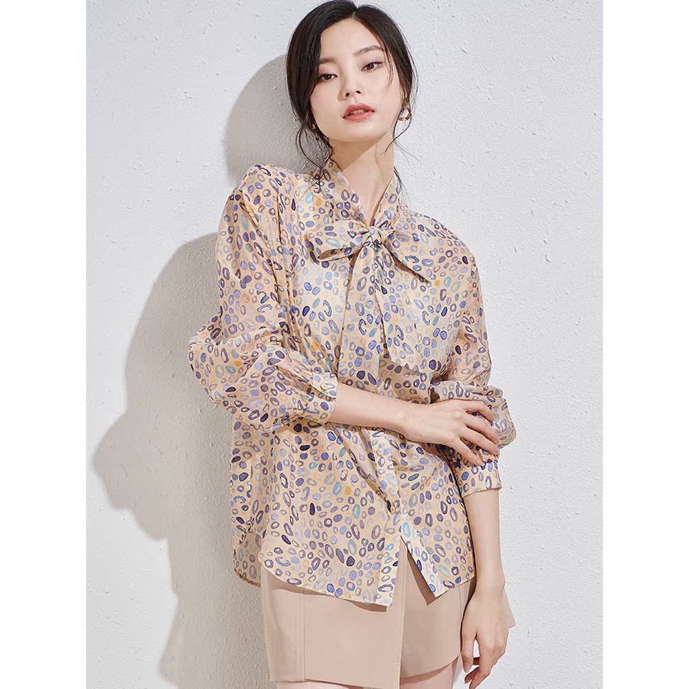 Fangwai 2022 ฤดูร้อนสไตล์ใหม่ Classy All-Matchหลวมพิมพ์เสื้อLaced-Upคอยาวเสื้อแขนยาวบางเสื้อผู้หญิง 