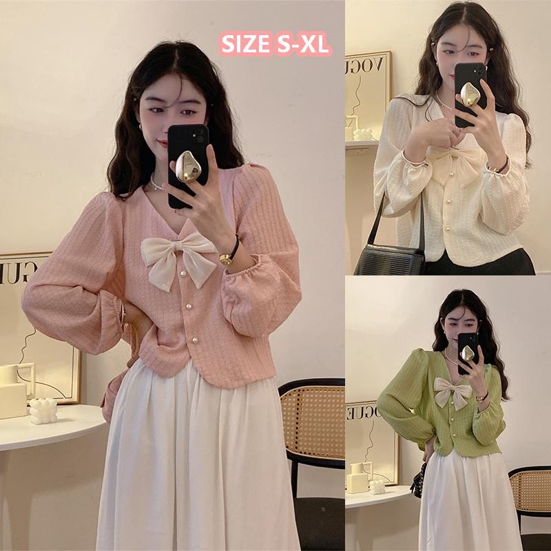 ohho เสื้อเชิ้ตคอวีแขนยาวโบว์พลัสไซส์สำหรับสาวอวบ สไตล์หวานและหลวม ดีไซน์ซ่อนและกระชับสัดส่วน เสื้อฐานอเนกประสงค์#w668