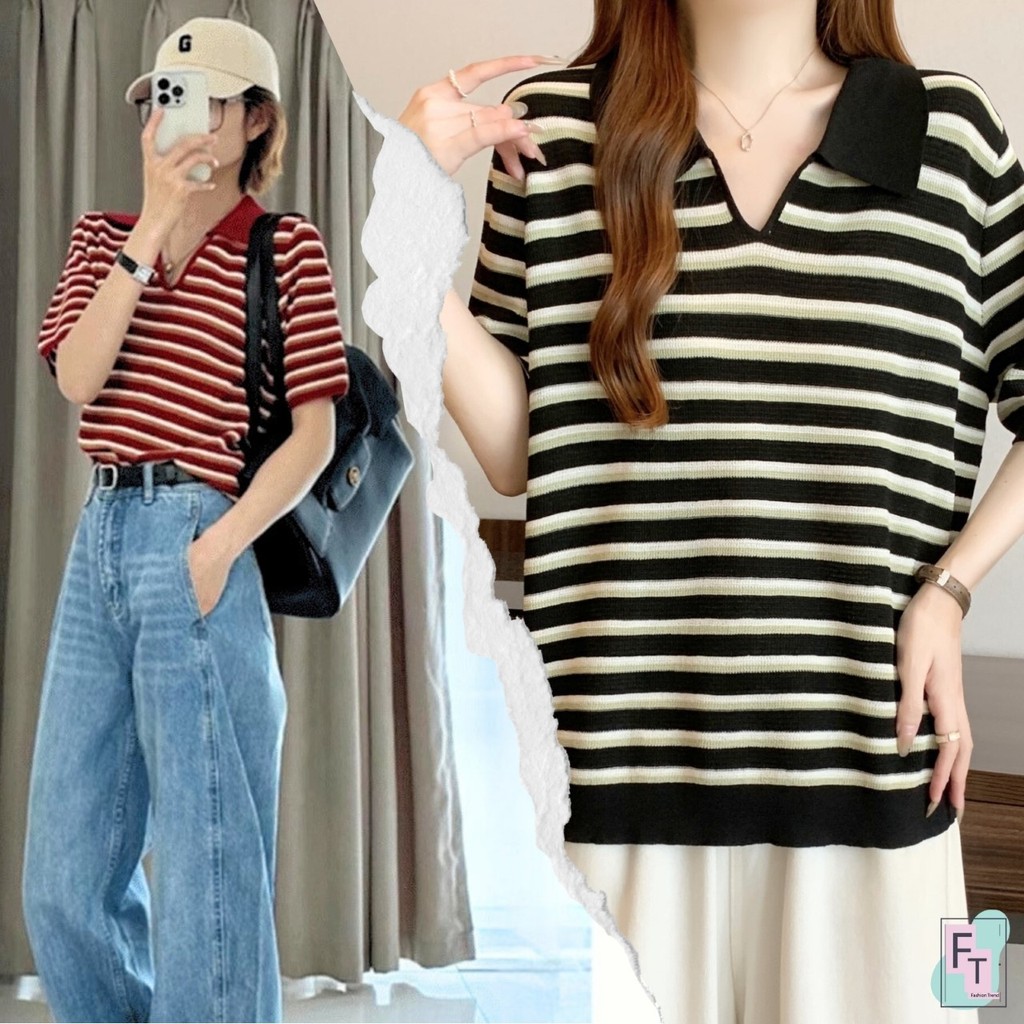 💢FT อินเทรนด์💢เสื้อไหมพรมถักลายริ้วสไตล์เกาหลี คอปก แขนสั้น 3 โทนสี ใส่ได้ทุกเพศ
