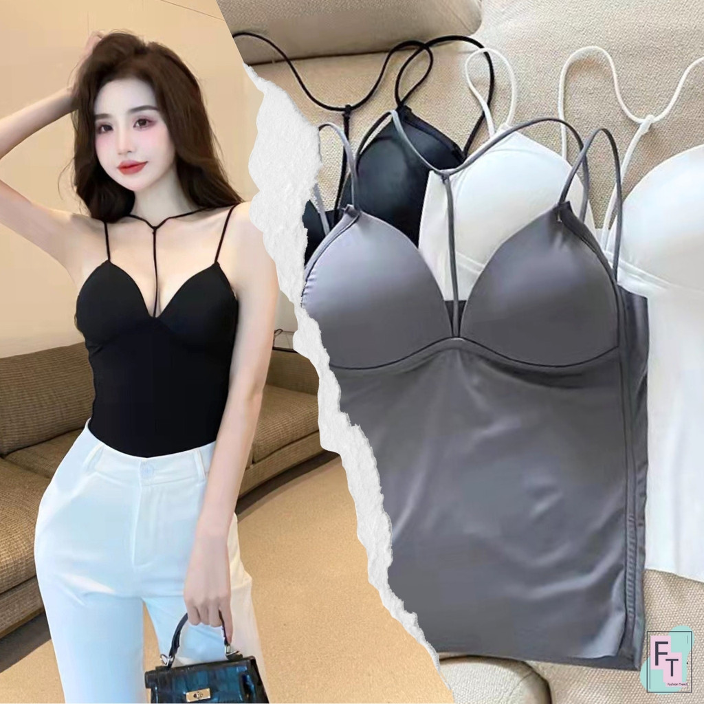 💢FT อินเทรนด์💢เสื้อสายเดี่ยว แต่งสายคล้องคอตัว Y มีฟองน้ำ 3 สี คอวีลึก