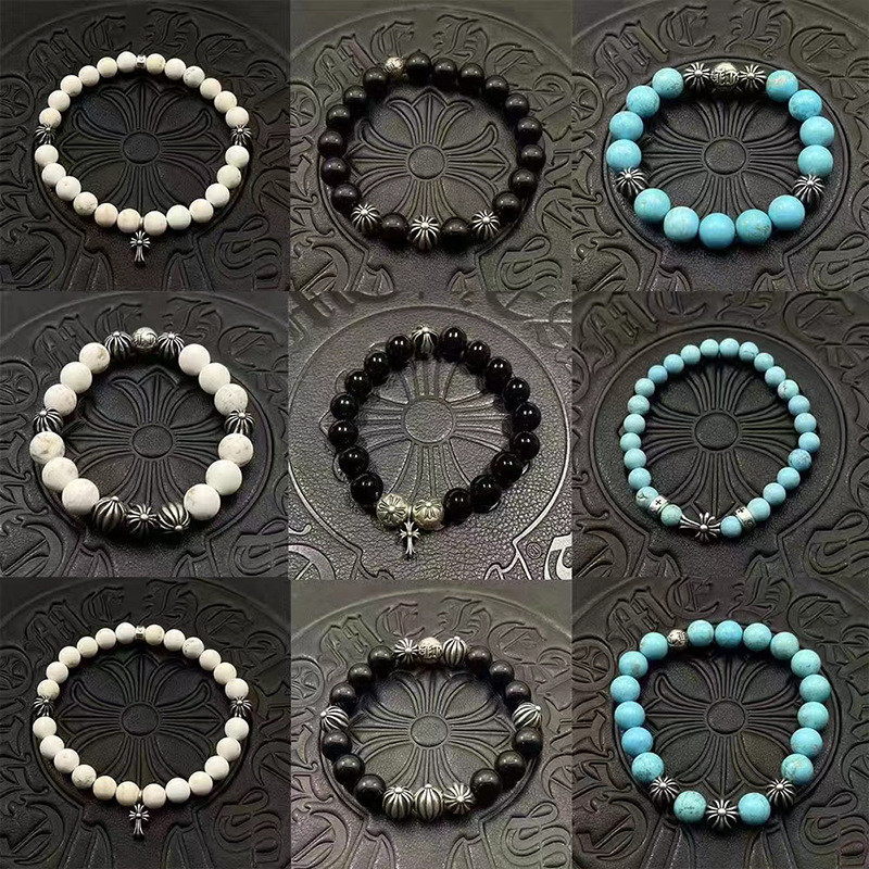 Chrome Hearts Men's and Women's Bracelet Jewelry10mm Obsidian8mm Turquoise Thai Silver Vintage Bracelet ins