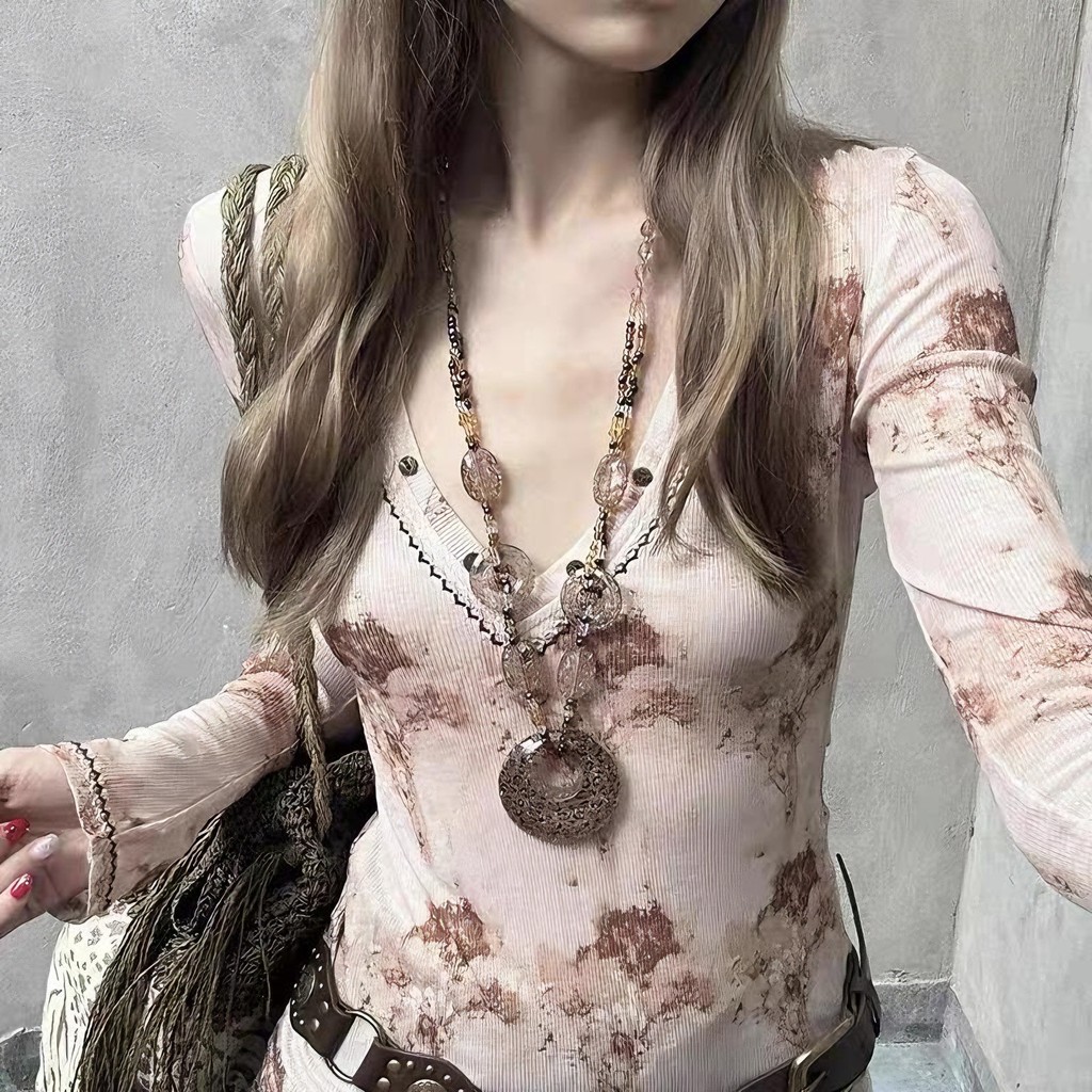 สร้อยคอนามธรรม Shibuya ลายเสือดาวและลายจระเข้สไตล์ Y2K สร้อยคอลูกปัดแบบรูปไข่ retro VFR109.5