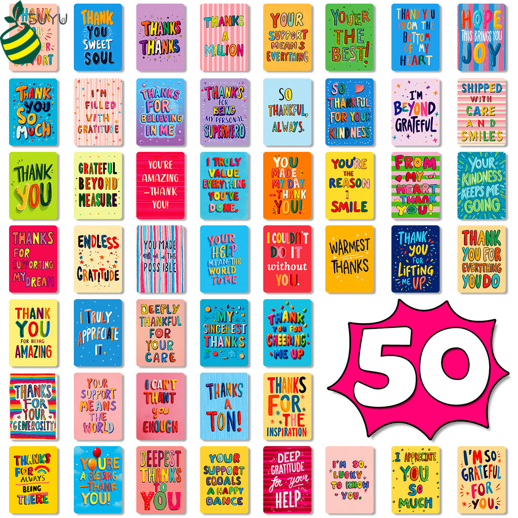 50 Vibrant Thank You Cards Set - ข้อความที่กตัญญูมือใน Rainbow Hues | จอยด่วน ซัพพอร์ตและใจ | ของขวัญในอุดมคติสําหรับเพื่อน ครอบครัว ครู