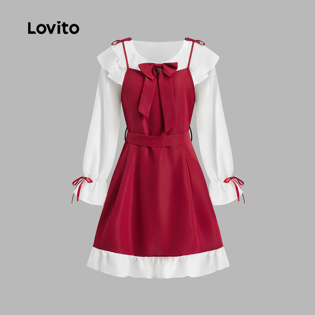 Lovito เดรสผู้หญิงน่ารักสําหรับวันคริสต์มาส แต่งโบว์ระบาย ทรงเอ เดรสปาร์ตี้ LNA43050 - รูปที่ 4