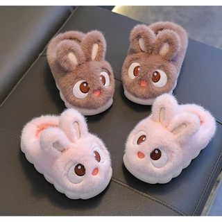 รองเท้าแตะเด็ก น้องกระต่ายขนฟูผ้าฝ้าย พื้นหนา ใส่สบายนุ่มอบอุ่น