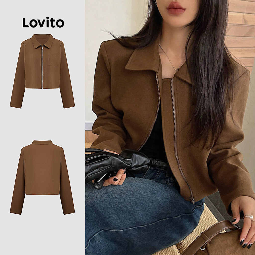 (NEW) Lovito เสื้อแจ๊กเก็ตแบบสบายๆ ซิปรอบ ไซส์ฤดูใบไม้ผลิ/ฤดูร้อน สีน้ำตาล สำหรับผู้หญิง L154ED065