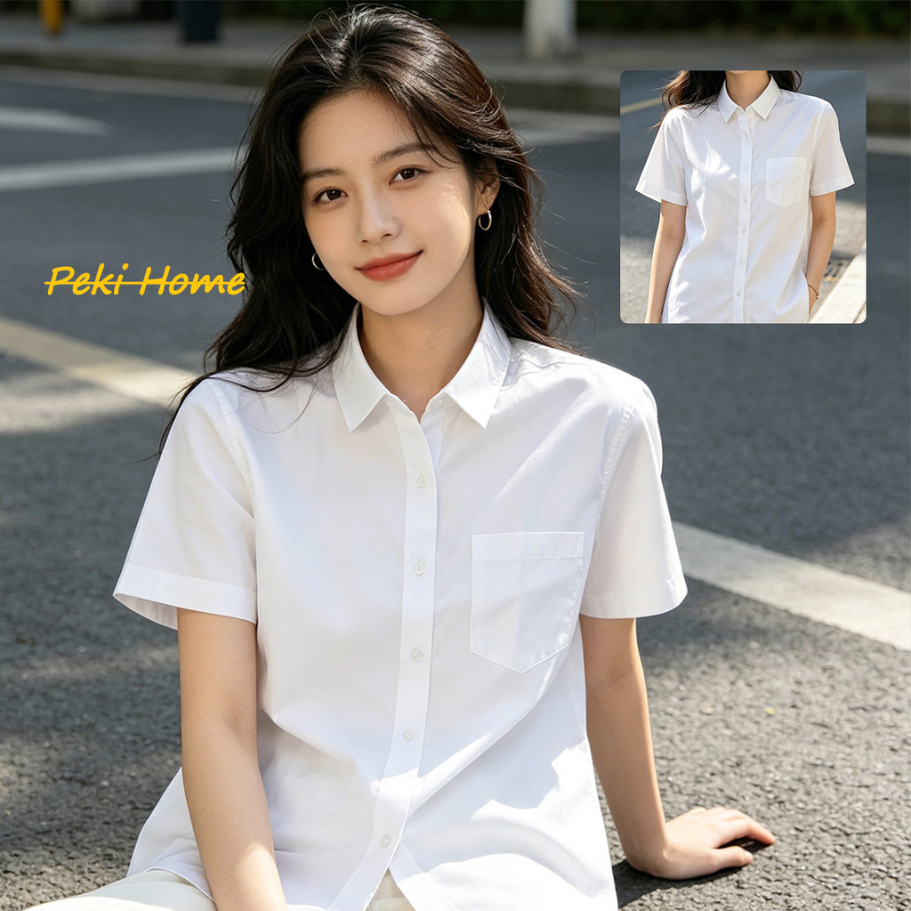 เสื้อเชิ้ตสีขาวบริสุทธิ์คอปกแขนสั้นรุ่นขายดีฤดูร้อนสินค้าใหม่ สไตล์ลำลองสินค้าต้นฉบับสตรี