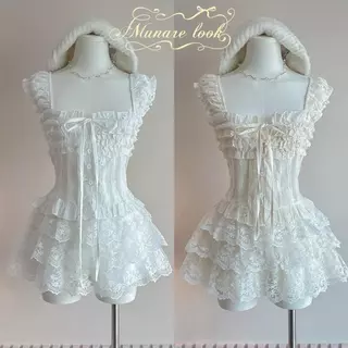 Munare look เสื้อแขนในตัว แต่งนะบาย ผ้าฉลุ กางเกงลูกไม้ ( มีแยกขาย) t36+t30