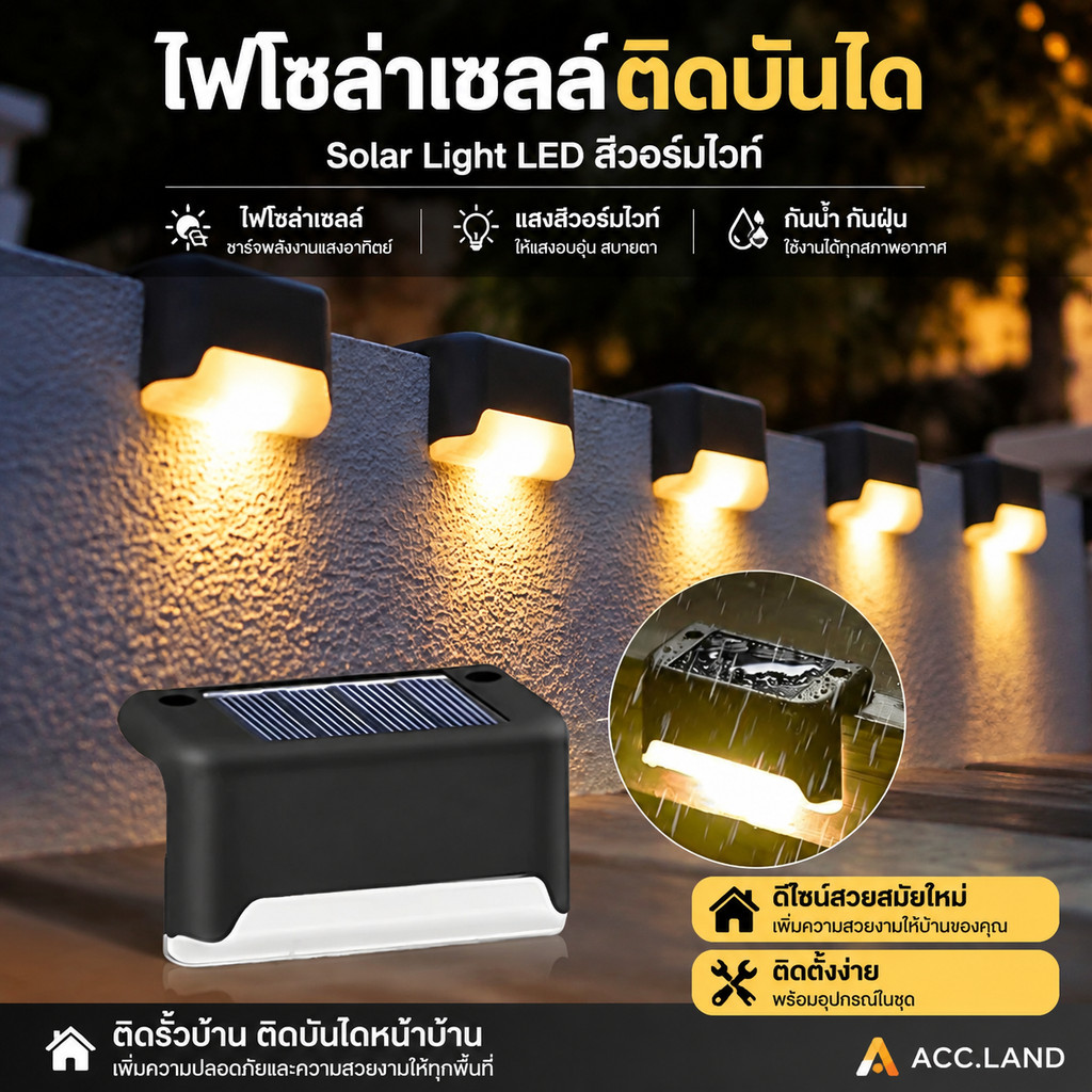 โคมไฟโซล่าเซลล์ ติดบันไดหน้าบ้าน ติดรั้ว Solar light 1
