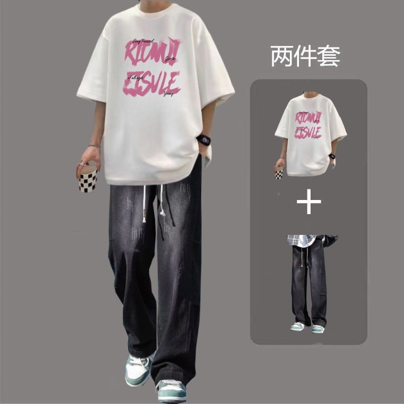 เสื้อยืดแขนสั้นฤดูร้อนครึ่ง T686 Pure Cotton+K30 ชุดยีนส์ S-3XL [สูท]