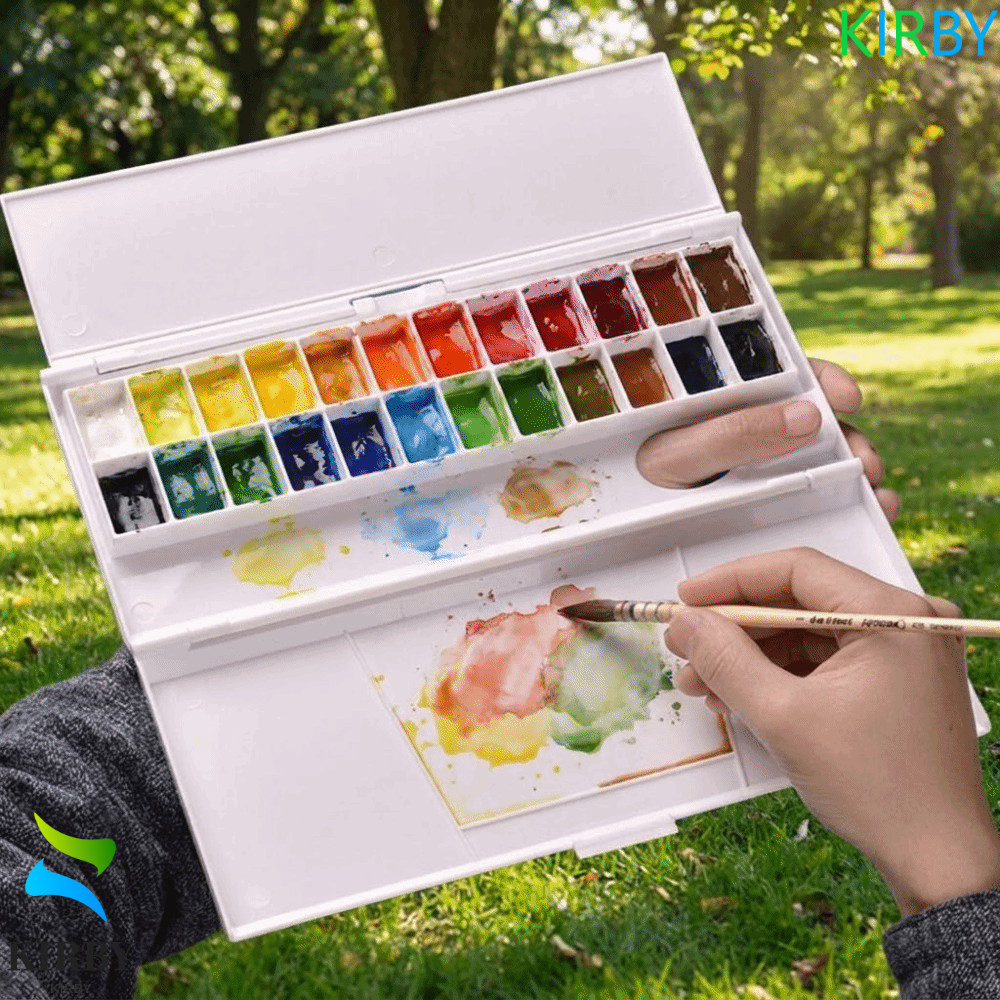 เคอร์บี้ สีน้ําเม็ดสีกล่อง,พับ24กริดเดินทางจิตรกรรม จานสี,แบบพกพานํามาใช้ใหม่ง่ายเปิดมืออาชีพสีน้ําผสมถาดท่องเ