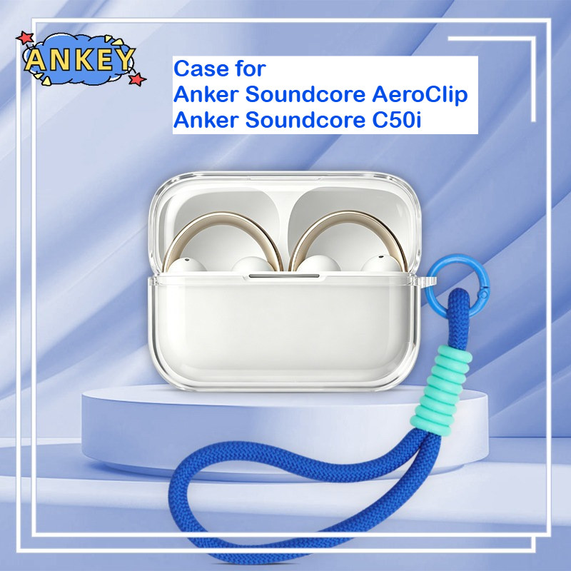 Clear Case for Anker Soundcore AeroClip Protective Case Nylon Lanyard Soft Cover for Anker Soundcore C50i Shells Washable Housing Anti Dust Sleeve Hand Rope Strap Accessories