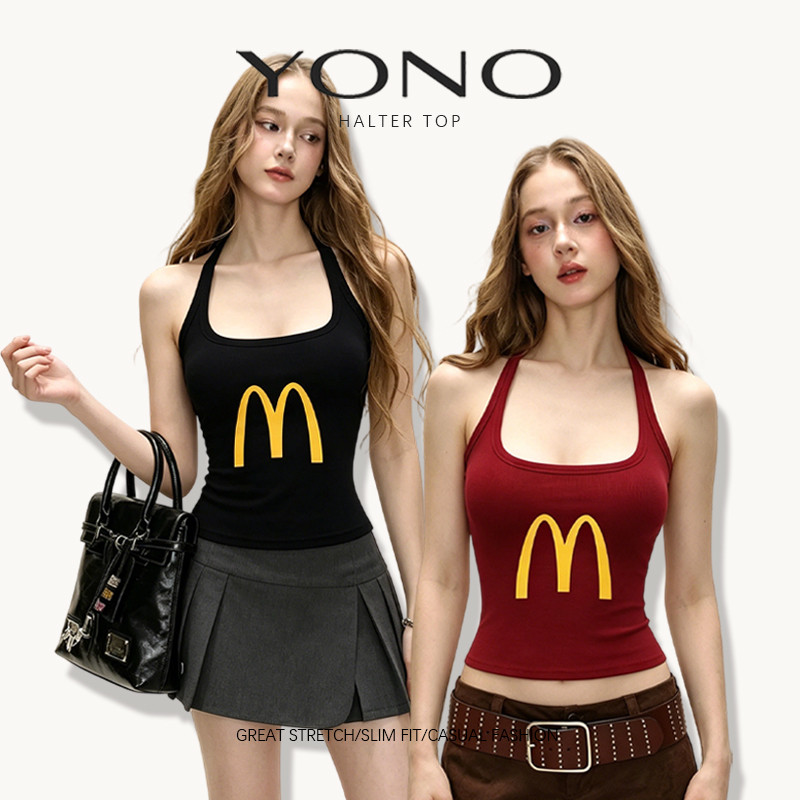 (พร้อมส่ง24ชม.) halter top เสื้อคล้องคอสีแดง ผู้หญิง ทรงเข้ารูป เซ็กซี่ y2k ลายโค้งตัวอักษร ใส่เที่ยวได้