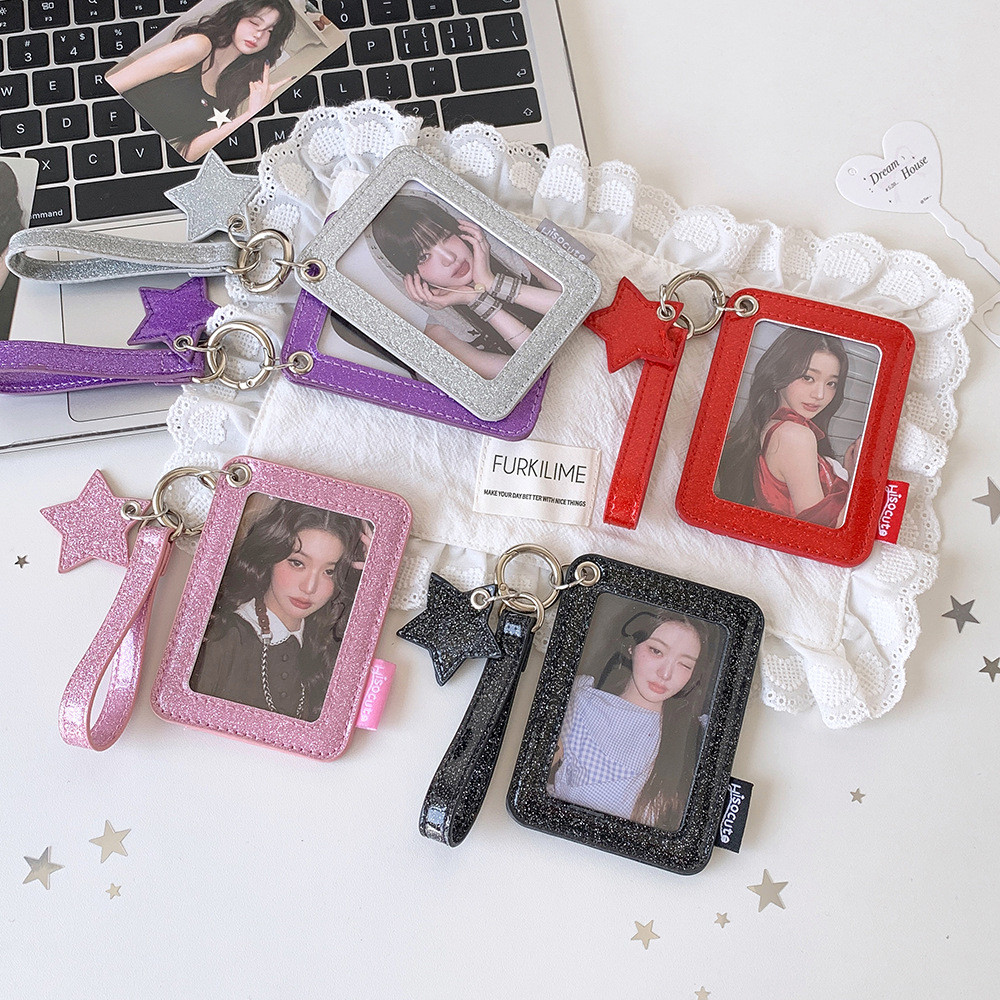 Double Layer Glitter PU Card Holder Student ID School Card Display Holder จี้ Idol Small Card Storage ฝาครอบป้องกัน