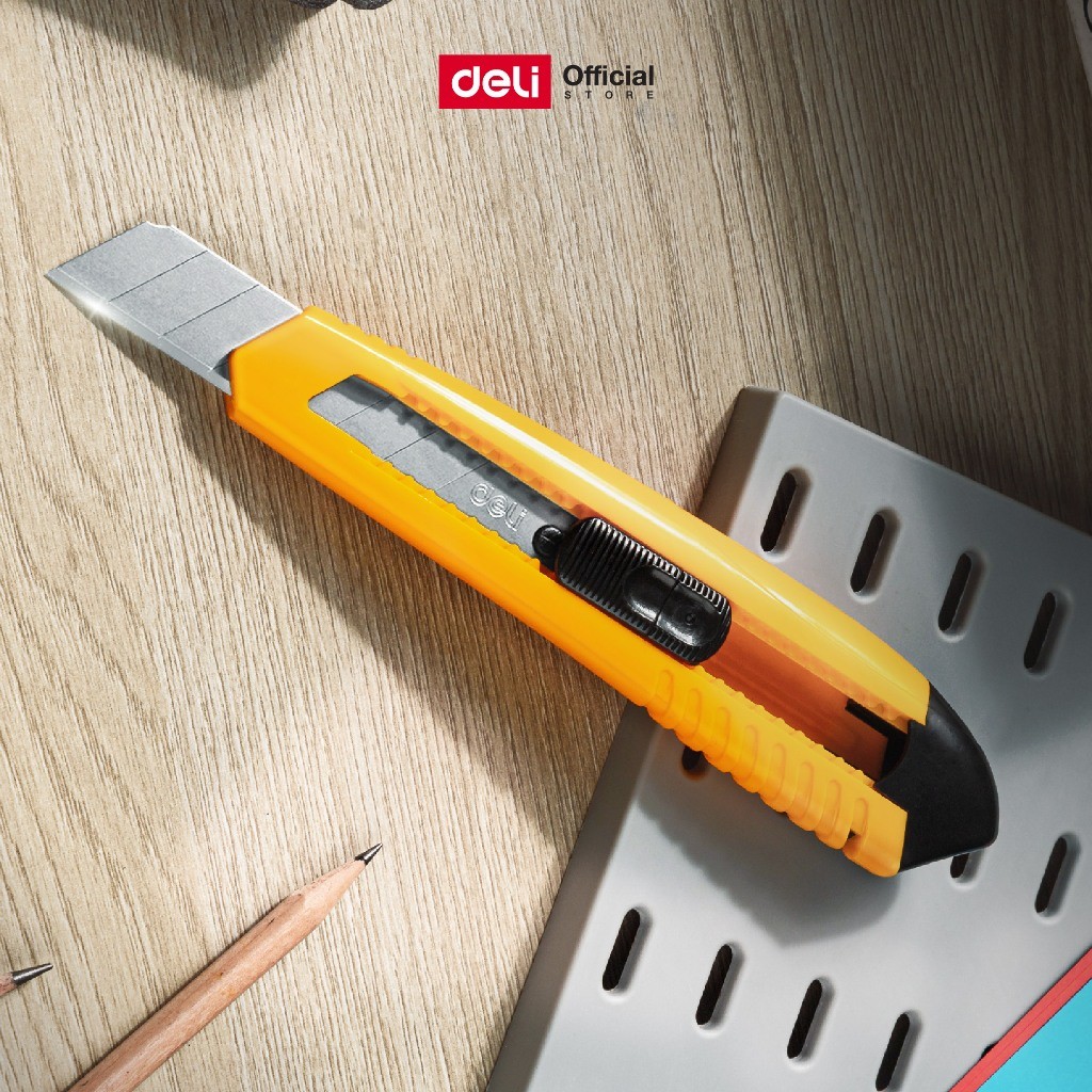 คัตเตอร์ Deli รุ่น 2004/2061 ด้ามสีเหลือง ใช้ใบมีดSK5 หักได้ 8 ครั้ง (จำหน่าย 1 ชิ้น)