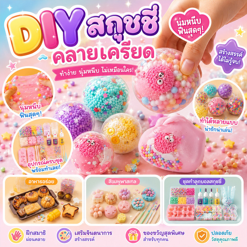 ชุดสกุชชี่ DIY ของเล่นบีบคลายเครียด ดินปั้น แม่พิมพ์ อุปกรณ์ครบ สกุชชี่หนึบ เด้งช้า ของขวัญเด็ก