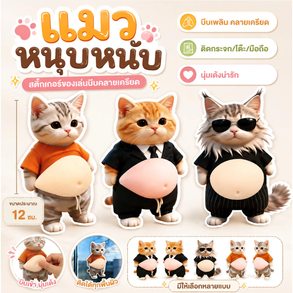 สกุชชี่ท้องแมวสามมิติ Fidget ของเล่นบีบคลายเครียด thumbnail 3