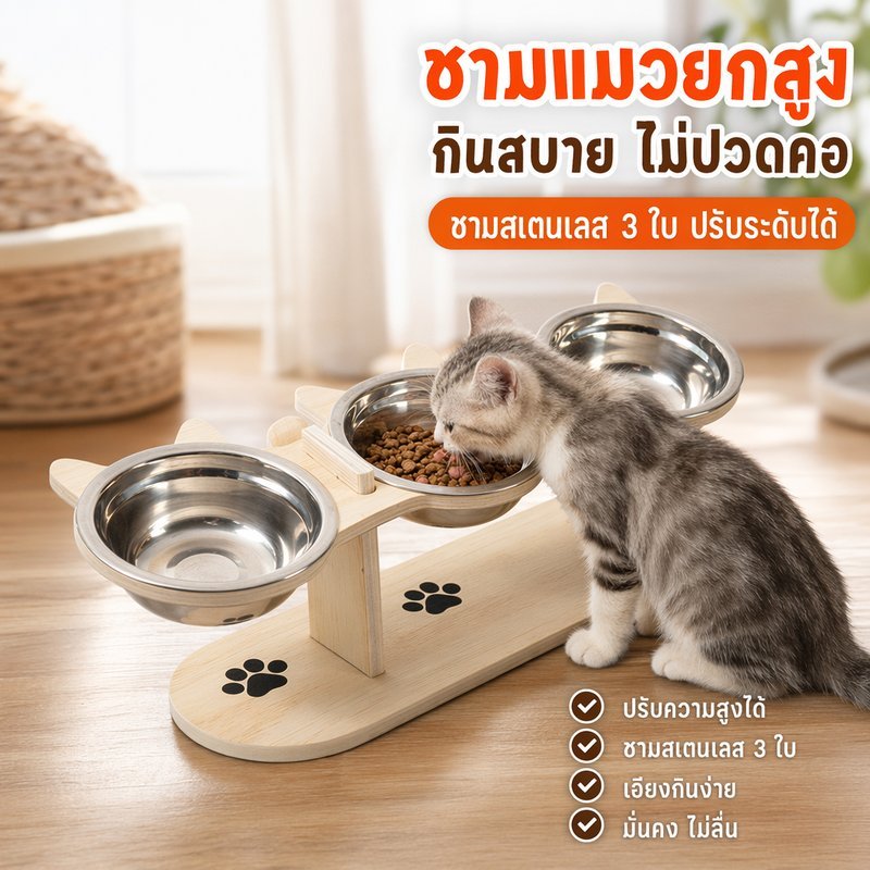 ชามแมวยกสูง ชามอาหารสัตว์ ชามสแตนเลส ปรับระดับได้ เอียงกินง่าย สำหรับแมว สุนัขเล็ก แท่นไม้