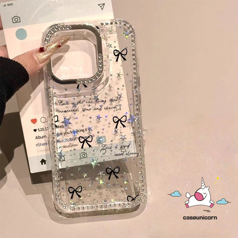 เคสไอโฟน 14 ใช้ได้กับ IPhone 16 15 17 11 12 13 14 Pro Max 12 13 16 17 pro 14 15 16 Plus Air เคสขอบคริสตัล ลายโบว์น่ารัก