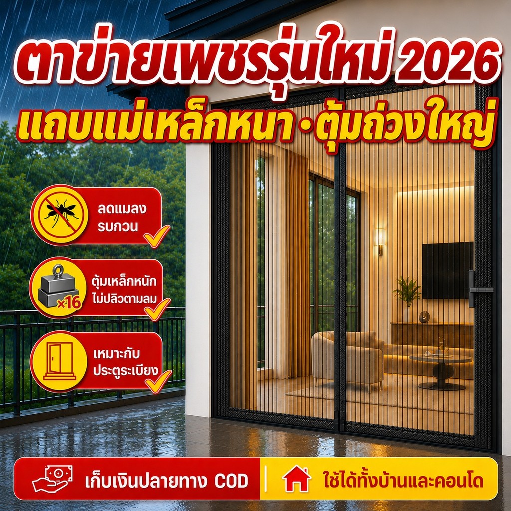 🏆รุ่น2026 มุ้งประตูกันยุงนำเข้า ม่านกันยุงประตู ม่านกันยุง ม่านประตูกันยุง มุ้งกันยุง ติด ประตู 80*200 สารหน่วงไฟ