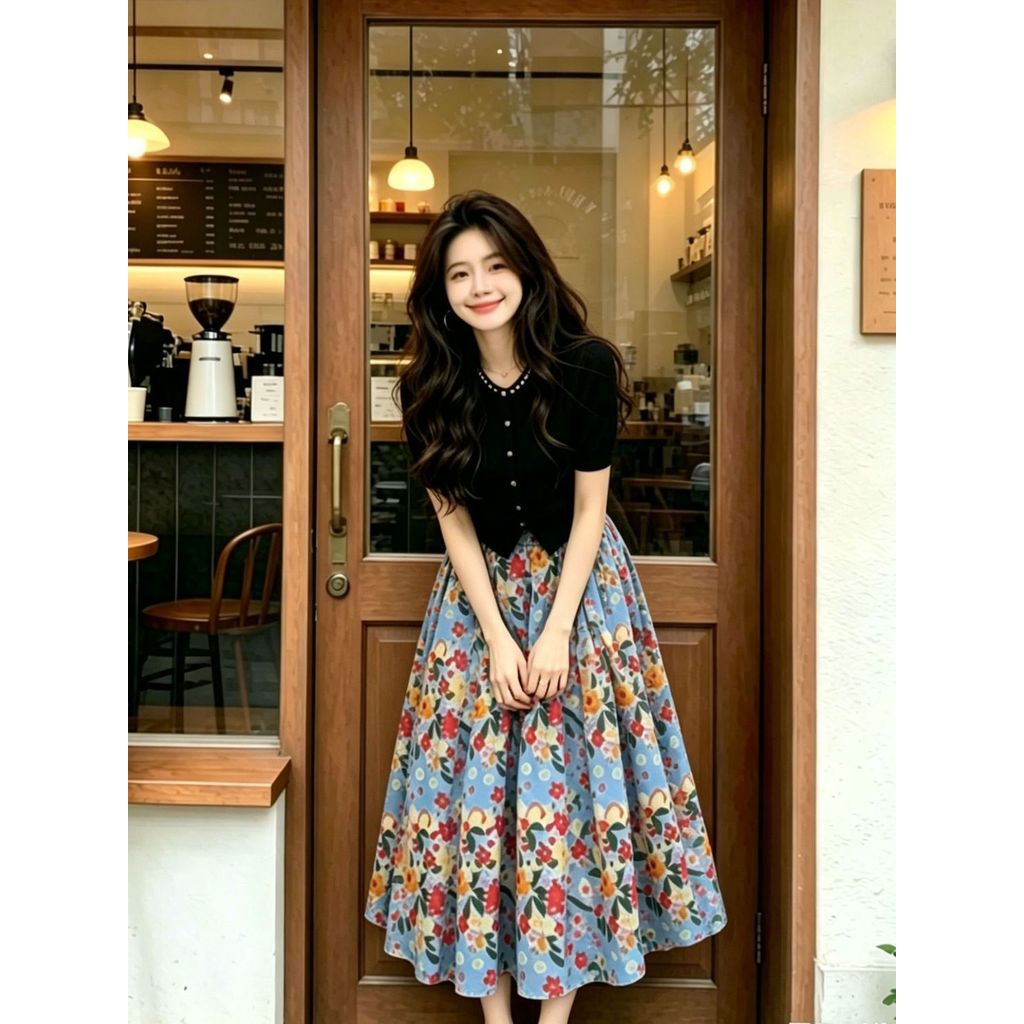 Live Home Dahong Same Style French Thin Beaded Sweater Original Dopamine Fashion Floral Skirt Suit