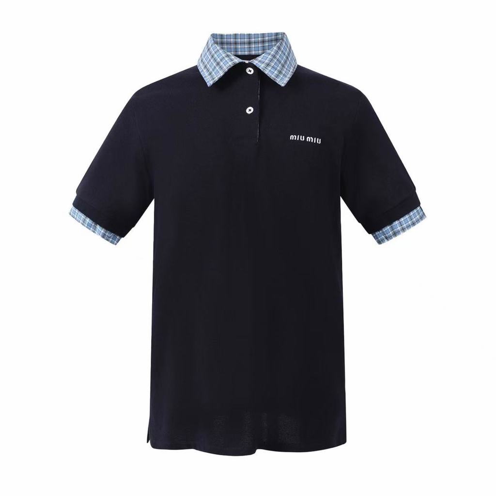 GJEC MIUMIU เย็บ Preppy Style POLO เสื้อยืดแขนสั้นแฟชั่น All-Match สไตล์ Unisex
