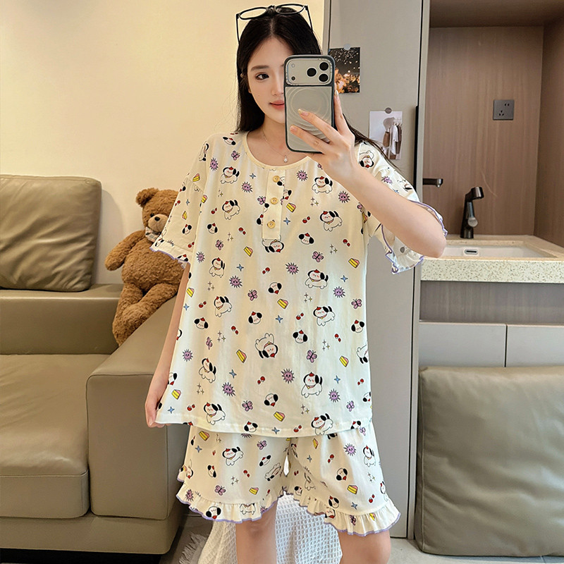 3XL-6XL ชุดนอนขนาดบวกผู้หญิง ชุดนอนผ้าฝ้าย 100% ฤดูร้อนแขนสั้นชุดนอน Wom