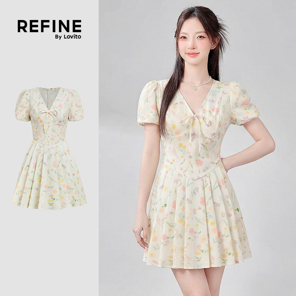 (Refine by Lovito) เดรสผู้หญิงทรงพลีทและโบว์น่ารัก LR32A070