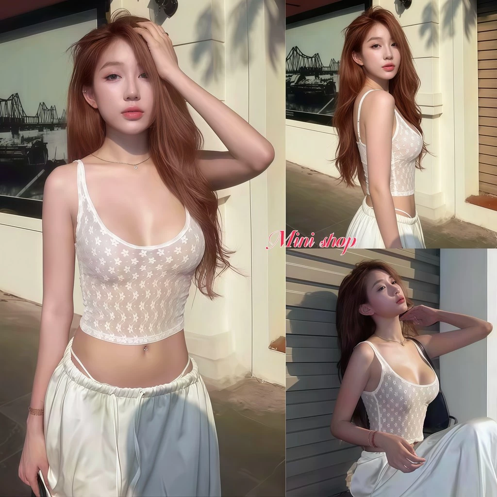 Mini shop🌸พร้อมส่ง เสื้อสายเดี่ยว พิมพ์ลายลูกไม้ ครอปสั้น ทรงรัดพอดี สไตล์สาวหวานฤดูร้อน-FY5223