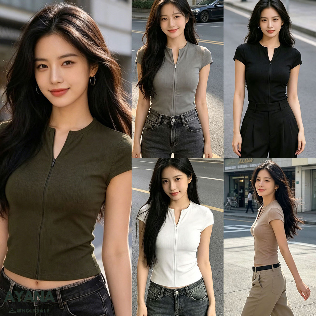 เสื้อยืดคอวีผู้หญิง แขนสั้น คอวีแต่งขอบริ้ว