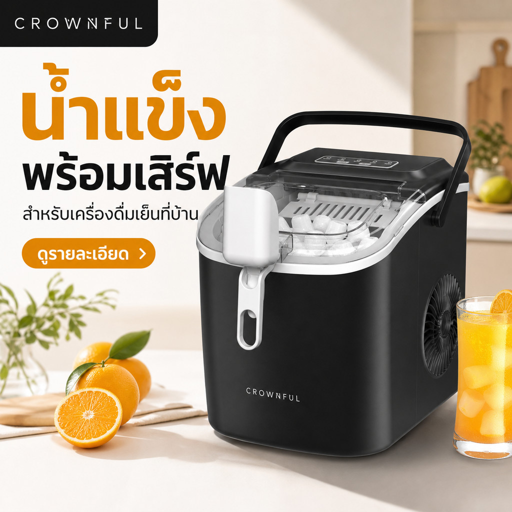 [COD] Crownful  เครื่องทำน้ำแข็งอัตโนมัติ 1.2 ลิตร (ครีม) ทำน้ำแข็งเร็วใน 6 นาที พร้อมระบบทำความสะอาดอัตโนมัติ Ice Maker 1.2 L